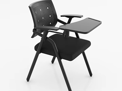 Black Office Chair with Perforated Backrest Armrests and Attachable Tablet Desk Modern Metal Legs Design 3d model