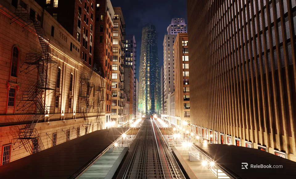 Brightly Lit Night City Street With Central Rail Tracks And Tall Buildings 3d model 