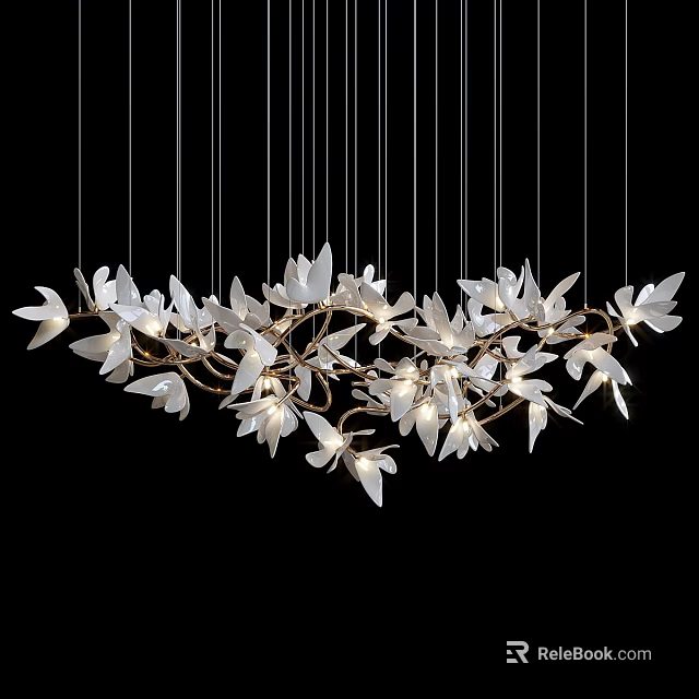 Elegant Modern Chandelier Featuring White Petal Shaped Elements And Illuminated Metal Structure 3d model