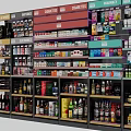 Retail Display Shelves with Multiple Layers of Assorted Bottled and Canned Goods