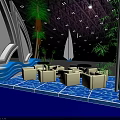 Modern Exhibition Reception Desk Design With White Counter Blue Decor Curved Structure And Green Plants
