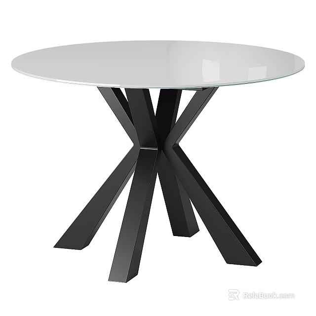 Modern Round Coffee Table With White Glass Top And Black Cross Metal Legs 3d model 