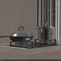 Modern Kitchen Silver Wok And Stainless Steel Pot On Light Colored Countertop Stove