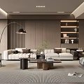 Modern Living Room Interior With Light Colored Sofas Arc Floor Lamp And Striped Rug
