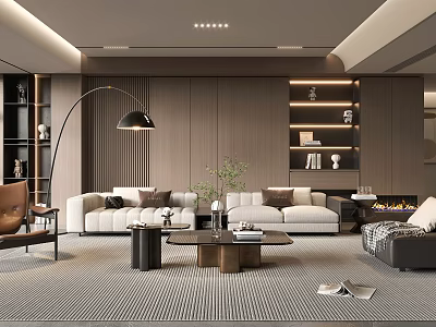 Modern Living Room Interior With Light Colored Sofas Arc Floor Lamp And Striped Rug 3d model