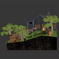 Cozy Wooden House With Red Roof Blue Walls Chimney Trees Grass Log And Small Shed