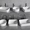 Modern White Washbasins Collection With Different Shapes Black Faucets And Gray Countertop