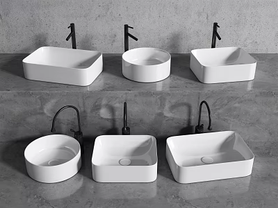 Modern White Washbasins Collection With Different Shapes Black Faucets And Gray Countertop 3d model
