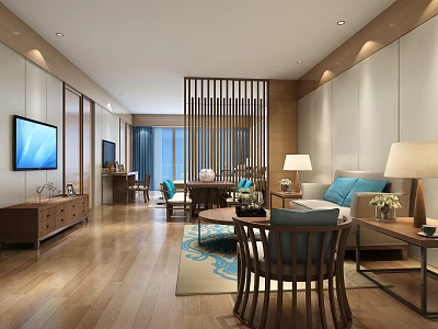 Modern Living Room Interior With Wooden Floors TV Sofa Blue Cushions And Lamps 3d model