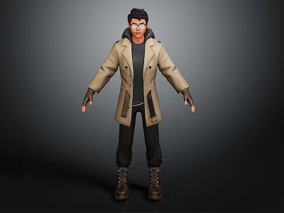 Man Standing In Dark Background With Beige Trench Coat Black T-shirt And Brown Boots 3d model