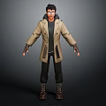 Man Standing In Dark Background With Beige Trench Coat Black T-shirt And Brown Boots