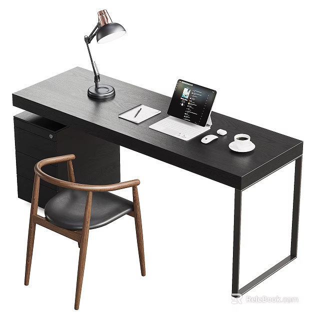 Modern Office Desk with Desk Lamp Laptop Tablet Mouse Coffee Cup and Wooden Armrest Chair 3d model 