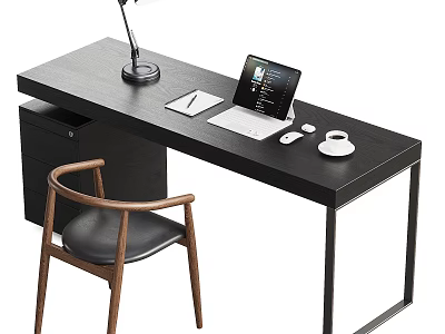 Modern Office Desk with Desk Lamp Laptop Tablet Mouse Coffee Cup and Wooden Armrest Chair 3d model