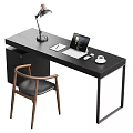 Modern Office Desk with Desk Lamp Laptop Tablet Mouse Coffee Cup and Wooden Armrest Chair