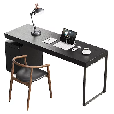 Modern Office Desk with Desk Lamp Laptop Tablet Mouse Coffee Cup and Wooden Armrest Chair 3d model