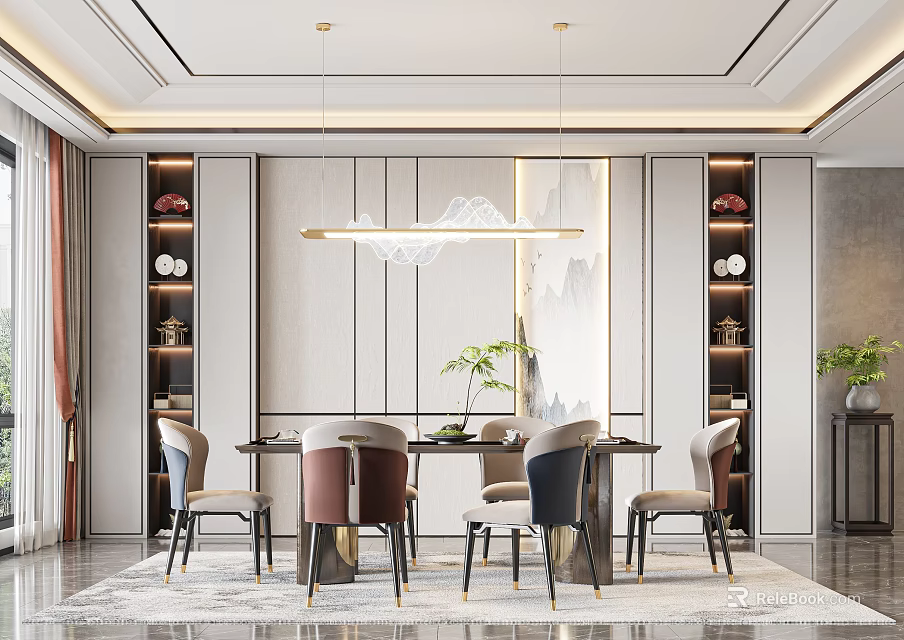 Elegant Modern Restaurant Interior With Dining Table Chairs Pendant Light Decorative Wall And Green Plant 3d model 