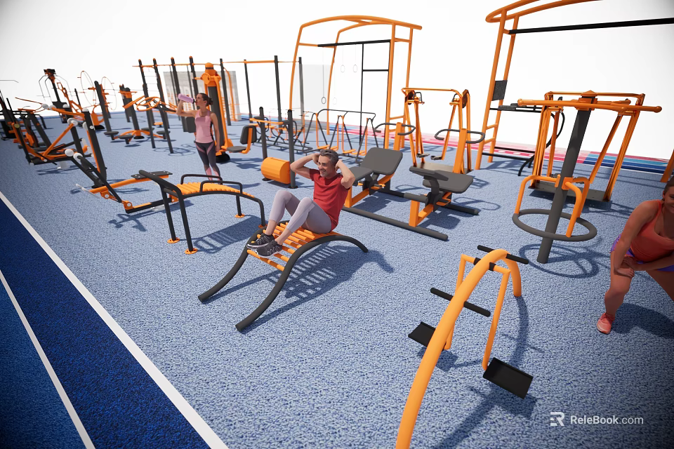 Outdoor Sports Equipment For Community Fitness Area With Multiple Exercise Machines 3d model 