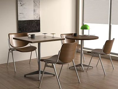 Square And Round Dining Tables With Brown Chairs Green Lamp Wall Painting And Wooden Floor 3d model