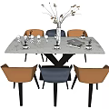 Modern Dining Table Set With Beige Blue Chairs Vase And Tableware On Gray Wall 3d model