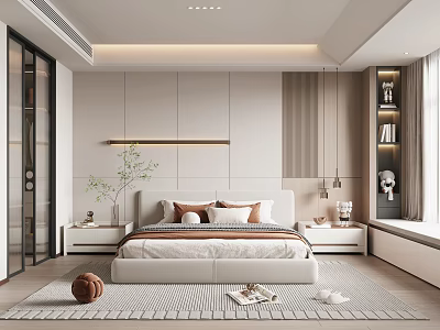 Modern Bedroom Interior With Bed Nightstands Area Rug And Potted Plant 3d model