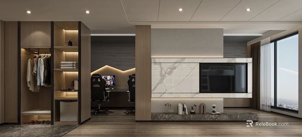 Modern Hotel Guest Room With Marble Wall TV Workstation Bookshelf And Elegant Lighting 3d model 