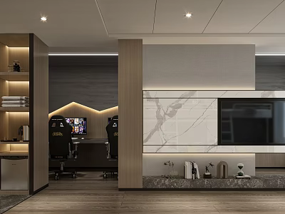 Modern Hotel Guest Room With Marble Wall TV Workstation Bookshelf And Elegant Lighting 3d model
