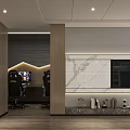 Modern Hotel Guest Room With Marble Wall TV Workstation Bookshelf And Elegant Lighting