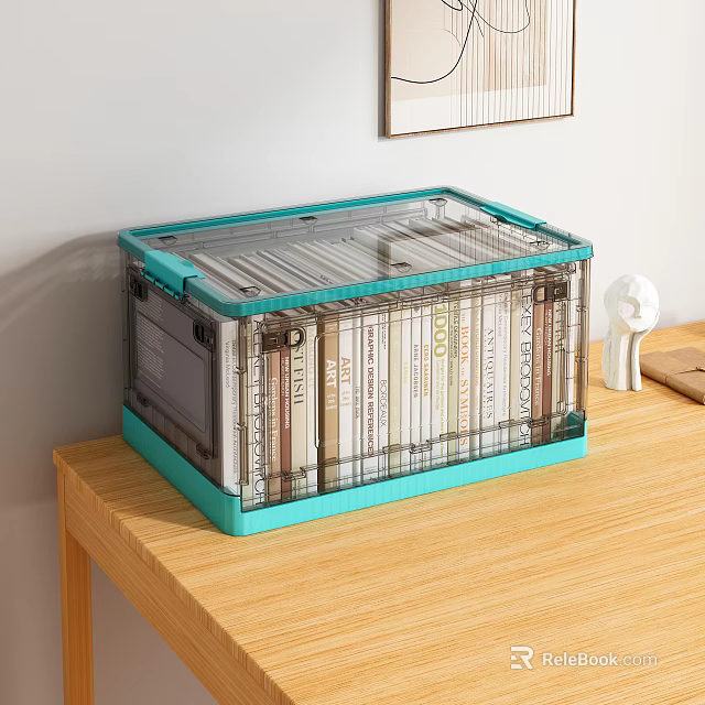 Transparent Storage Box with Teal Trim Lid Holds Books on Wooden Table Organizer 3d model 