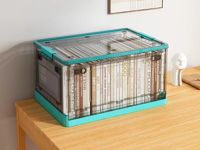 Transparent Storage Box with Teal Trim Lid Holds Books on Wooden Table Organizer 3d model