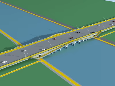 Modern Bridge Structure With Arched Supports Cars On Road Over Water And Yellow Lines 3d model