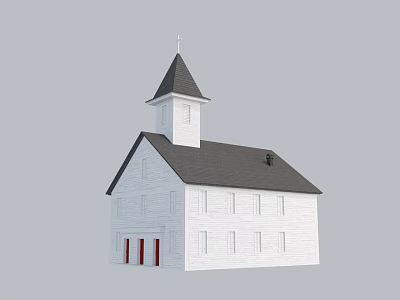 Classic White Church Building With Black Roof Steeple Tower Red Doors And Windows 3d model