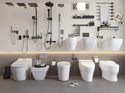 Modern Bathroom Toilets With Various Styles Shower Systems Shelves And Mirrors 3d model