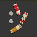 Shiny Red And Gold Beverage Cans Standing And Lying On Reflective Surface 3d model