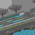 Waterfront Landscape With Cherry Blossom Trees Stone Pathway and Water Area