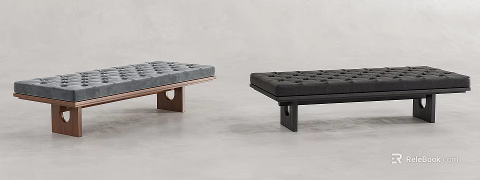 Gray Tufted Ottoman With Wooden Frame And Black Tufted Ottoman With Dark Frame Design 3d model 