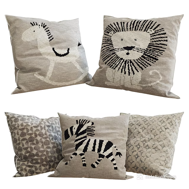 Decorative Beige Linen Pillows With Zebra Lion Prints And Geometric Patterns For Home Decor 3d model 