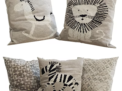 Decorative Beige Linen Pillows With Zebra Lion Prints And Geometric Patterns For Home Decor 3d model