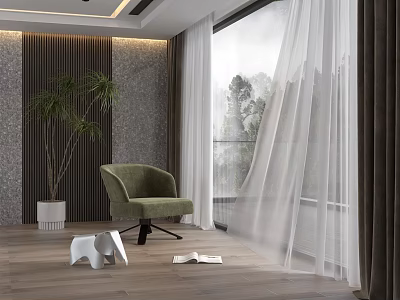 White Sheer Curtains In Modern Interior With Green Armchair Wooden Floor And Potted Plant 3d model