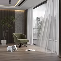 White Sheer Curtains In Modern Interior With Green Armchair Wooden Floor And Potted Plant