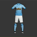 Blue Soccer Jersey With White Stripes KISTA Logo White Shorts Blue Socks Black White Shoes