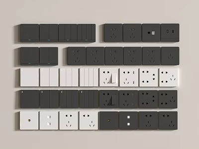 Black White Switch Panels With Single Double Triple Gang Sockets Arranged On Light Background 3d model