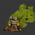 Rustic Outdoor Scene With Green Tree Telescope Target Tools And Circular Grass Base
