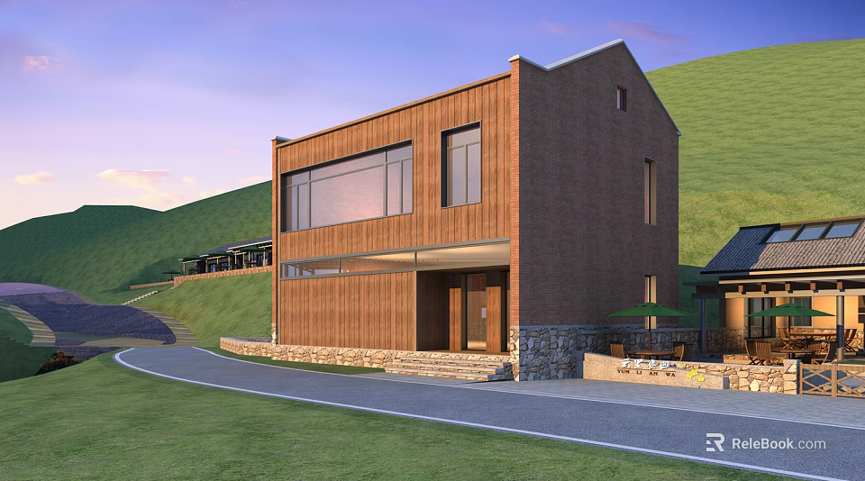 Modern Guesthouse Building With Wooden Structure Large Glass Windows Curved Driveway And Green Hills 3d model 