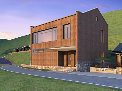 Modern Guesthouse Building With Wooden Structure Large Glass Windows Curved Driveway And Green Hills 3d model