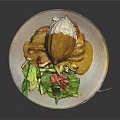 Tasty yellow curry rice served with fresh green lettuce and crispy bacon on white plate
