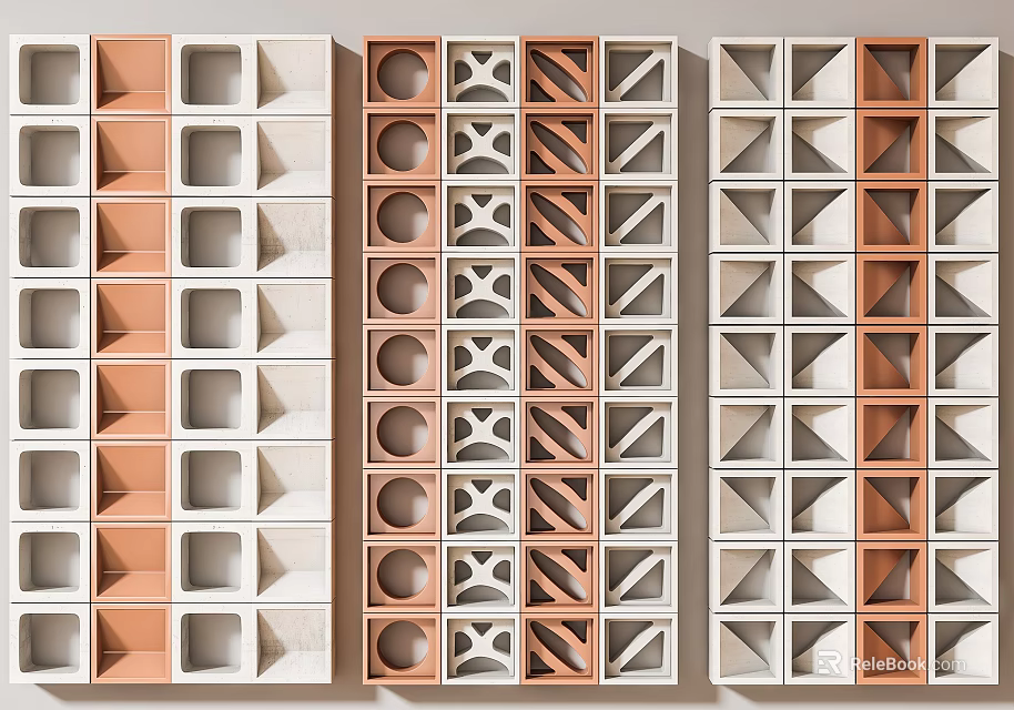 Modern Geometric Room Divider Featuring Modular Square Circular Triangular Patterns In Brown And White Tones 3d model