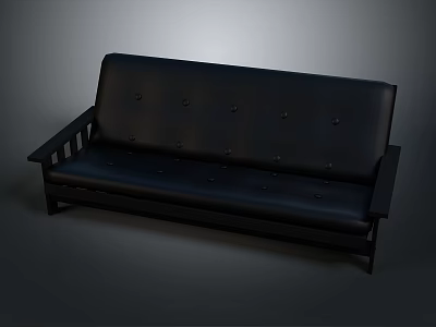Black Leather Sofa With Button Tufted Design And Wooden Armrests In Modern Style 3d model