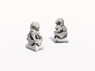 Classic Two Traditional Stone Lion Landscape Sculptures With Decorative Bases 3d model