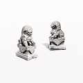 Classic Two Traditional Stone Lion Landscape Sculptures With Decorative Bases