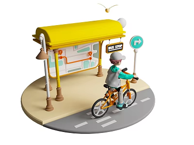Vibrant Photo Spot With Yellow Bus Stop Route Map Directional Signpost Cyclist And Flying Bird 3d model